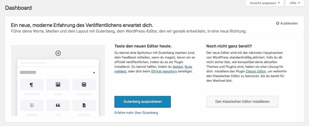 WordPress Dashboard - Gutenberg Hinweis